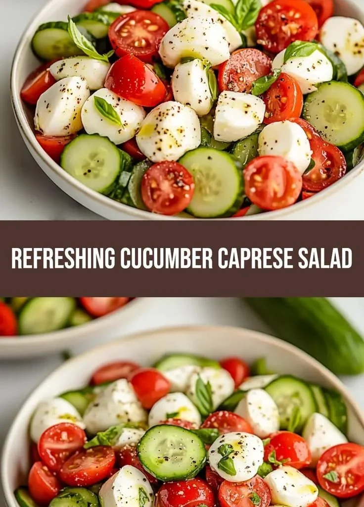 Fresh cucumber caprese salad with tomatoes and mozzarella on a plate