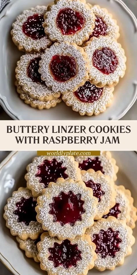 Homemade Linzer cookies with raspberry jam filling on a plate