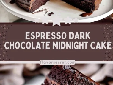 Slice of Espresso Dark Chocolate Midnight Cake with coffee beans and chocolate drizzle