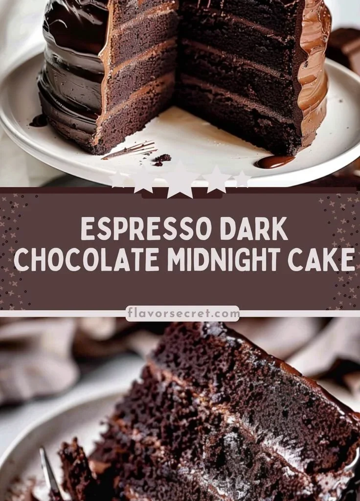 Slice of Espresso Dark Chocolate Midnight Cake with coffee beans and chocolate drizzle