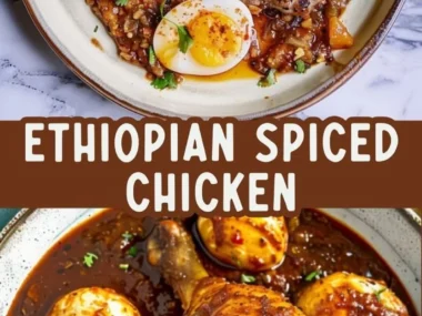 Plate of flavorful Ethiopian Spiced Chicken served with traditional sides