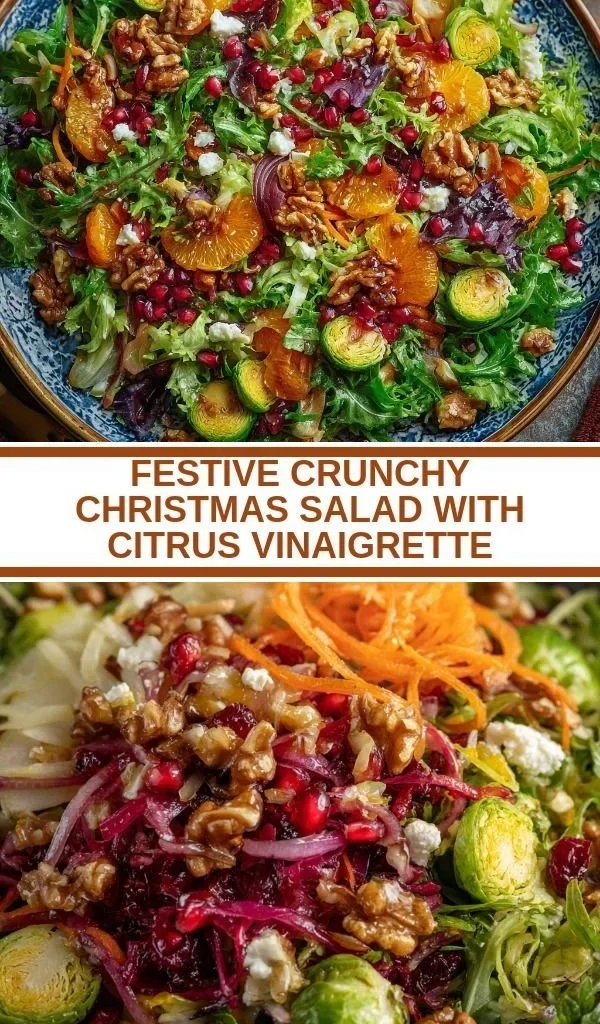 Festive Crunchy Christmas Salad topped with citrus vinaigrette and colorful toppings.