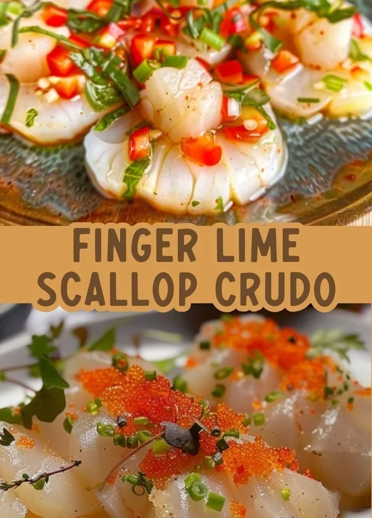 Plate of finger lime and scallop crudo garnished with fresh herbs