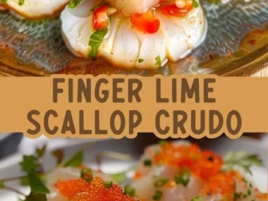 Finger lime and scallop crudo presentation on a plate garnished with herbs.