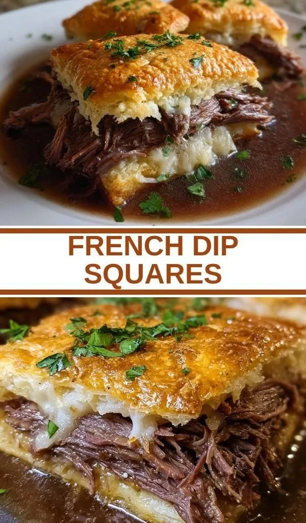 French Dip Squares served with dipping sauce on a platter.