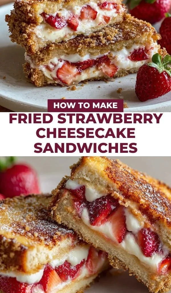 Fried strawberry cheesecake sandwiches served on a plate