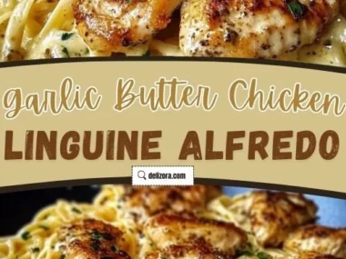Plate of garlic butter chicken linguine with creamy Alfredo sauce
