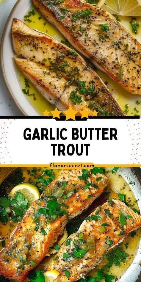 Garlic butter seared trout garnished with lemon and parsley on a plate