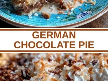 Delicious slice of German Chocolate Pie topped with coconut and pecans