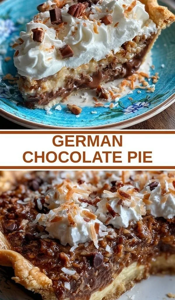 Delicious slice of German Chocolate Pie topped with coconut and pecans