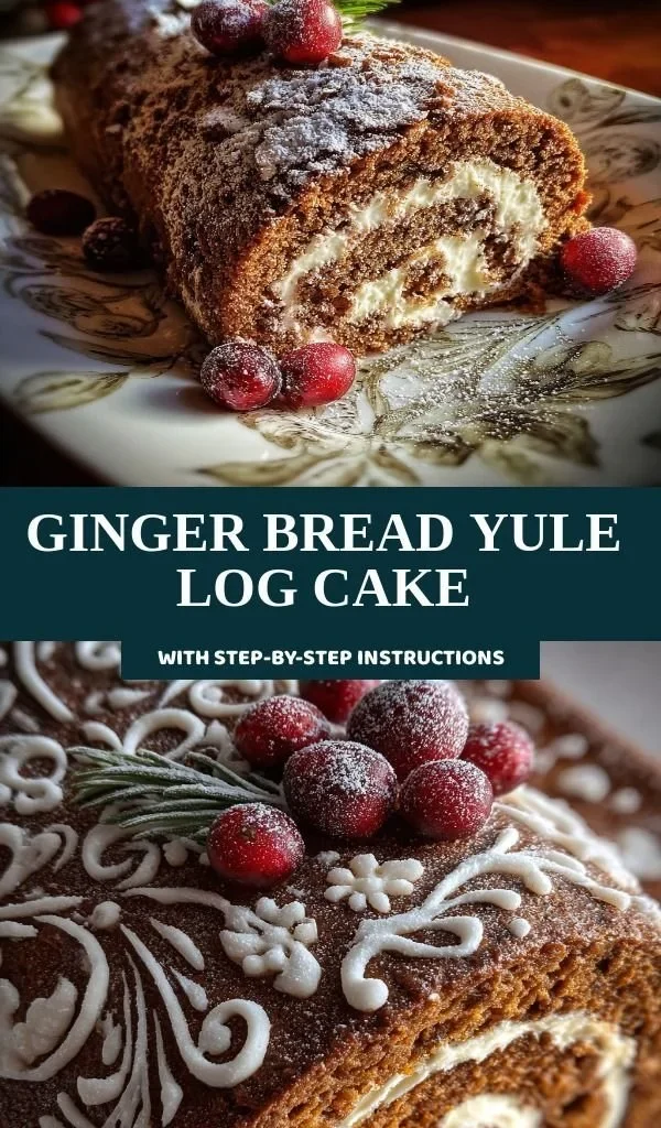 Ginger Bread Yule Log Cake decorated with festive toppings