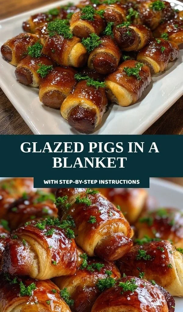 Delicious Glazed Pigs In a Blanket appetizer served on a platter.