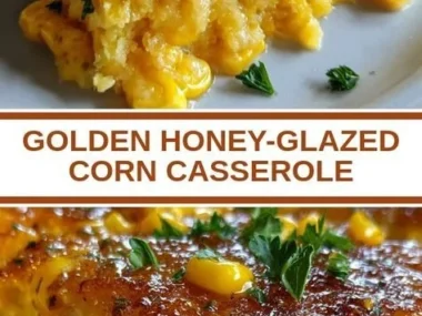 Golden Honey-Glazed Corn Casserole dish served on a table.