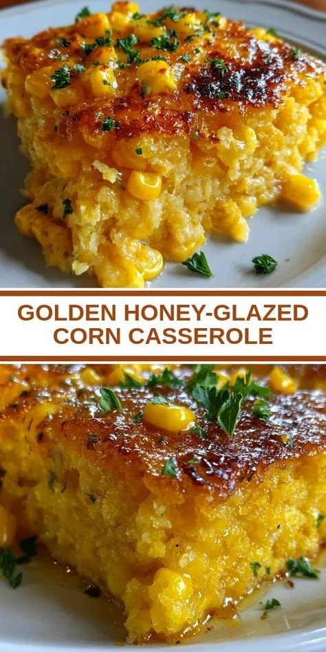 Golden Honey-Glazed Corn Casserole dish served on a table.