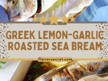 Greek Lemon-Garlic Roasted Sea Bream served with fresh herbs and lemon wedges.