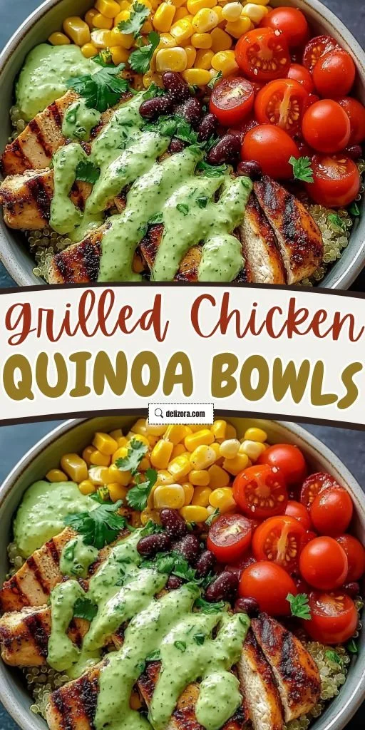 Delicious grilled chicken quinoa bowls with creamy avocado sauce