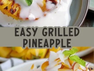 Grilled pineapple slices served with a luscious coconut cream topping.