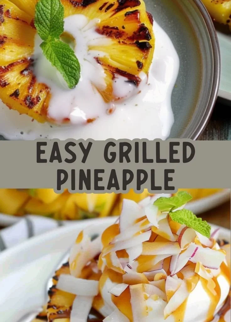 Grilled pineapple slices served with a luscious coconut cream topping.