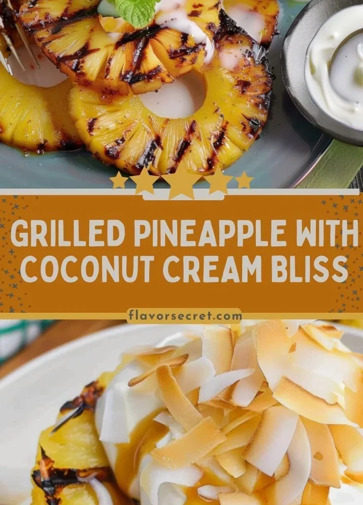 Grilled pineapple slices topped with coconut cream on a plate