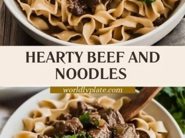Bowl of hearty beef and noodles garnished with herbs