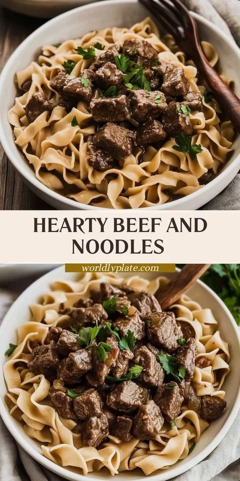 Bowl of hearty beef and noodles garnished with herbs