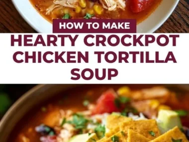 Delicious bowl of hearty crockpot chicken tortilla soup topped with cilantro