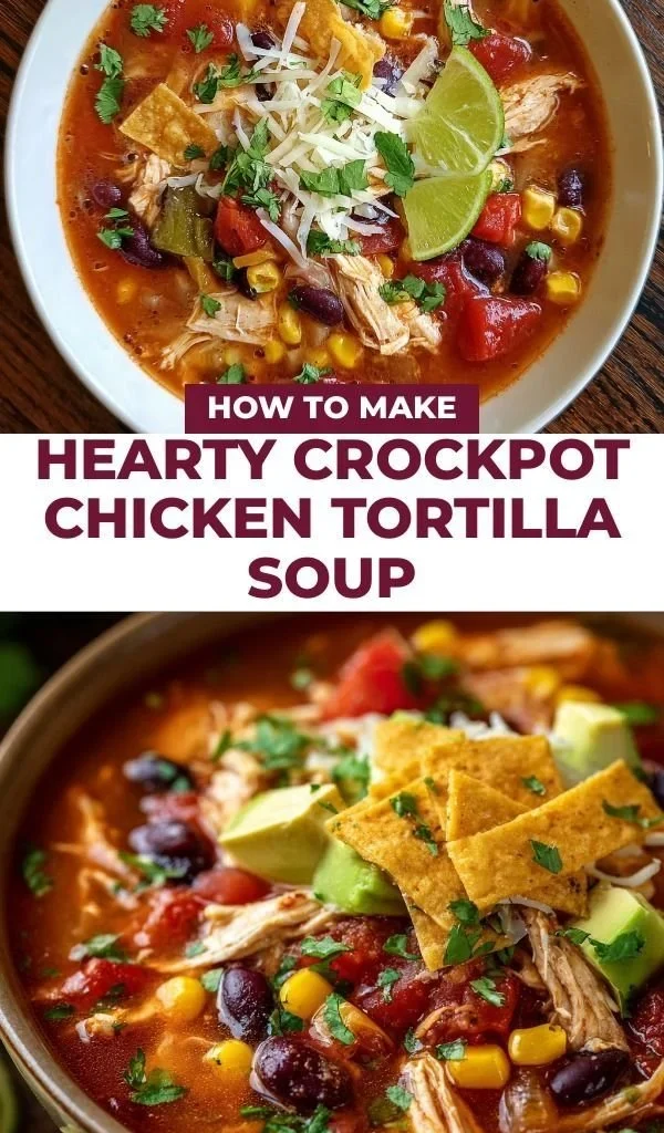 Delicious bowl of hearty crockpot chicken tortilla soup topped with cilantro