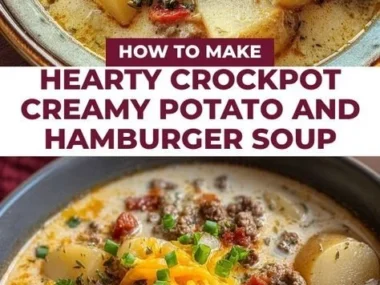 Bowl of hearty crockpot creamy potato and hamburger soup topped with herbs