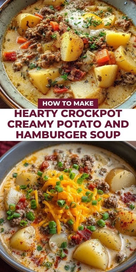 Bowl of hearty crockpot creamy potato and hamburger soup topped with herbs