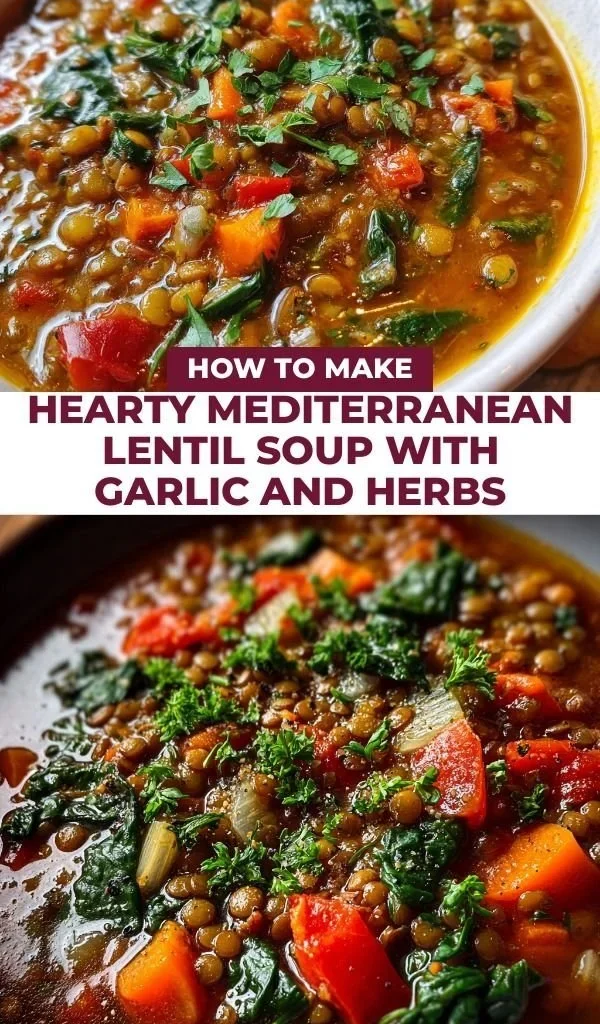 Bowl of hearty Mediterranean lentil soup with garlic and herbs