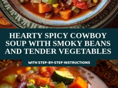 A bowl of hearty spicy Cowboy Soup with beans and vegetables, garnished with herbs.