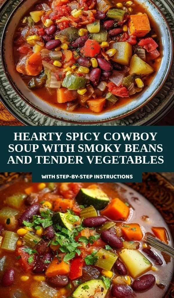 A bowl of hearty spicy Cowboy Soup with beans and vegetables, garnished with herbs.