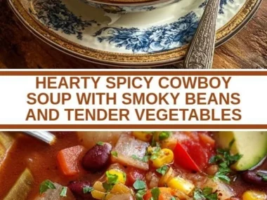 A bowl of hearty spicy cowboy soup with smoky beans and fresh vegetables