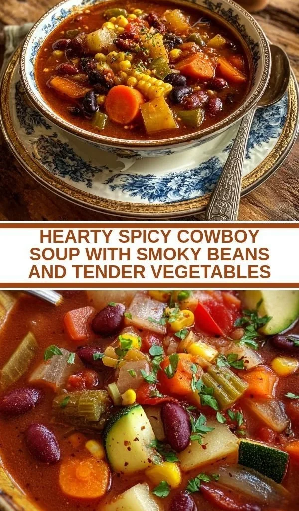 A bowl of hearty spicy cowboy soup with smoky beans and fresh vegetables