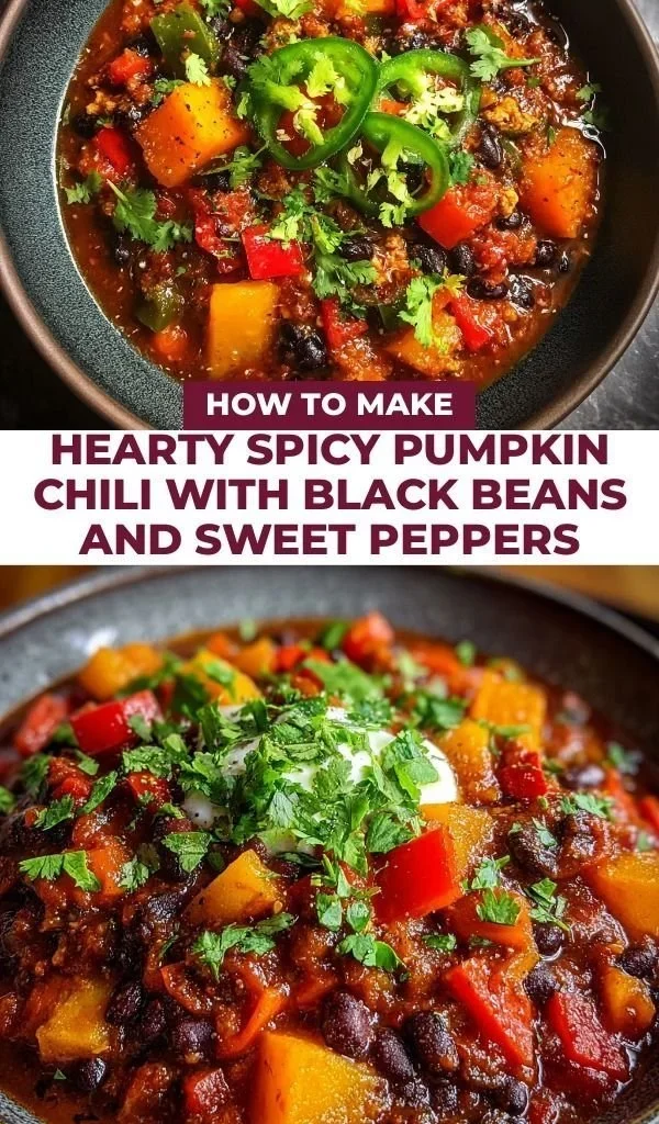 Bowl of hearty spicy pumpkin chili with black beans and sweet peppers