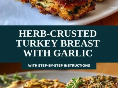Herb-crusted turkey breast with garlic garnished with fresh herbs on a plate.