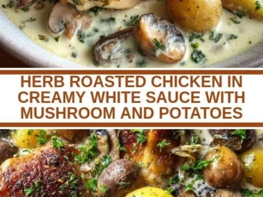 Herb Roasted Chicken with creamy white sauce, mushrooms, and potatoes on a plate.