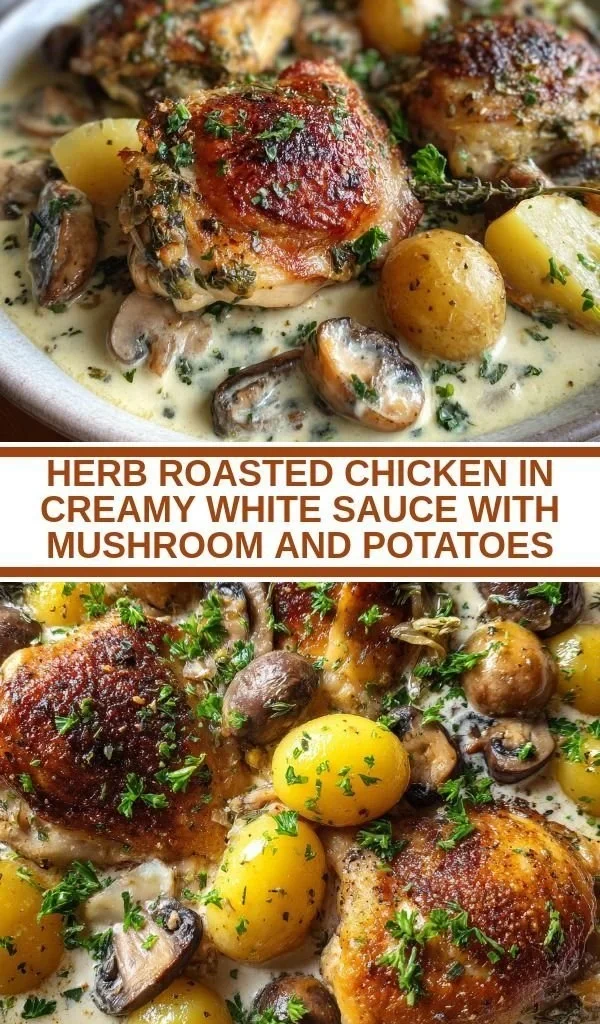 Herb Roasted Chicken with creamy white sauce, mushrooms, and potatoes on a plate.