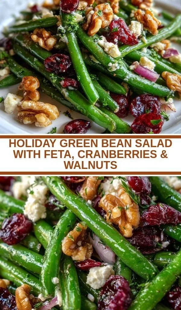 Holiday green bean salad topped with feta, cranberries, and walnuts served in a bowl.