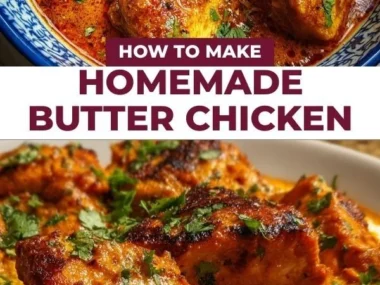 Delicious homemade butter chicken served with rice and naan bread.