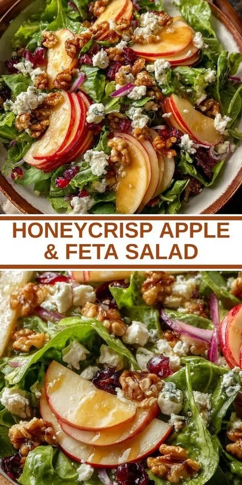 Honeycrisp Apple Salad with feta cheese on a wooden table