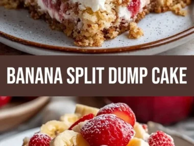 Delicious banana split dump cake topped with whipped cream and cherries