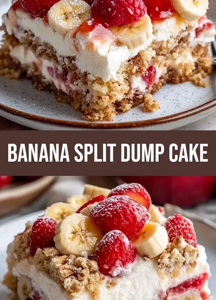 Delicious banana split dump cake topped with whipped cream and cherries