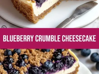 Irresistibly creamy blueberry crumble cheesecake topped with a delicious crumble.