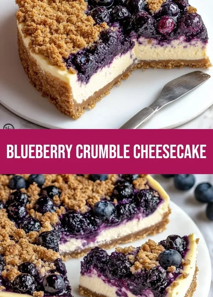 Irresistibly creamy blueberry crumble cheesecake topped with a delicious crumble.