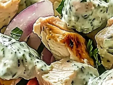 Bowl of creamy Mediterranean tzatziki chicken salad with fresh ingredients