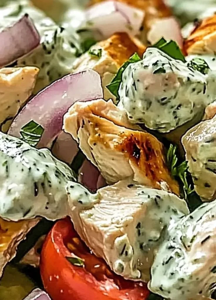 Bowl of creamy Mediterranean tzatziki chicken salad with fresh ingredients