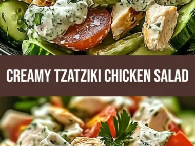Delicious tzatziki chicken salad topped with fresh vegetables and herbs