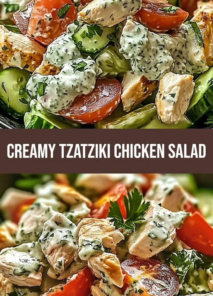 Delicious tzatziki chicken salad topped with fresh vegetables and herbs