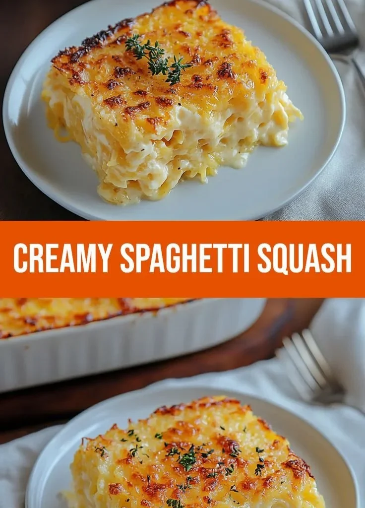 Creamy spaghetti squash au gratin topped with cheese and herbs